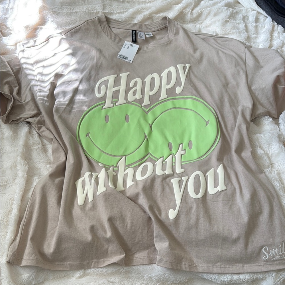 Divided Beige Tee with Green Smiley Print